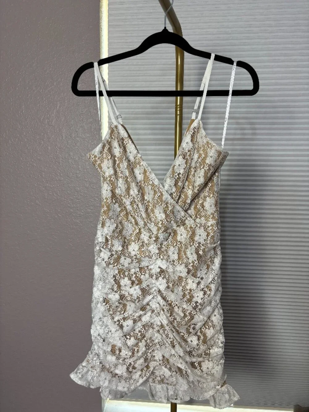 Lulus Frilled To Be Here White Lace Ruched Mini Dress Size Small - Picture 4 of 10